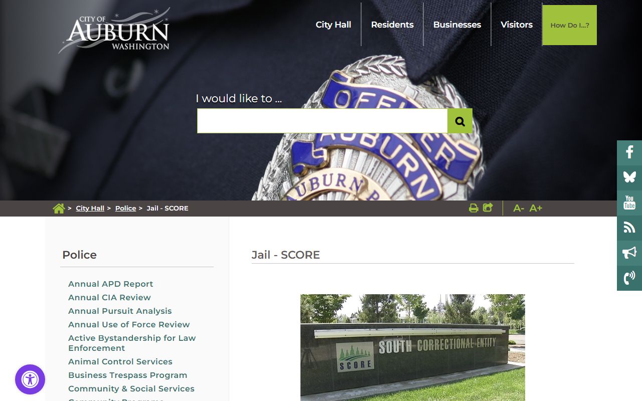 Auburn city page showing SCORE jail inmate population search