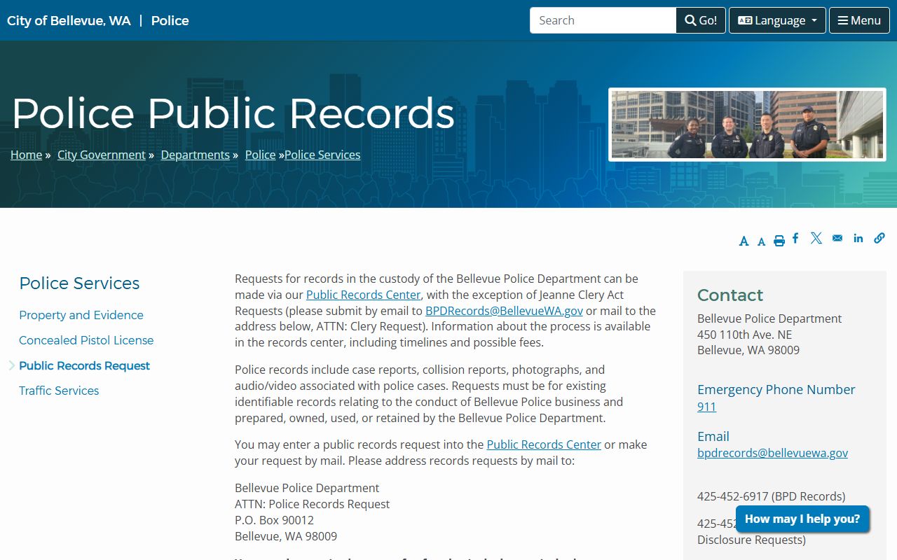 Bellevue Police Department public records page for inmate population and arrest records