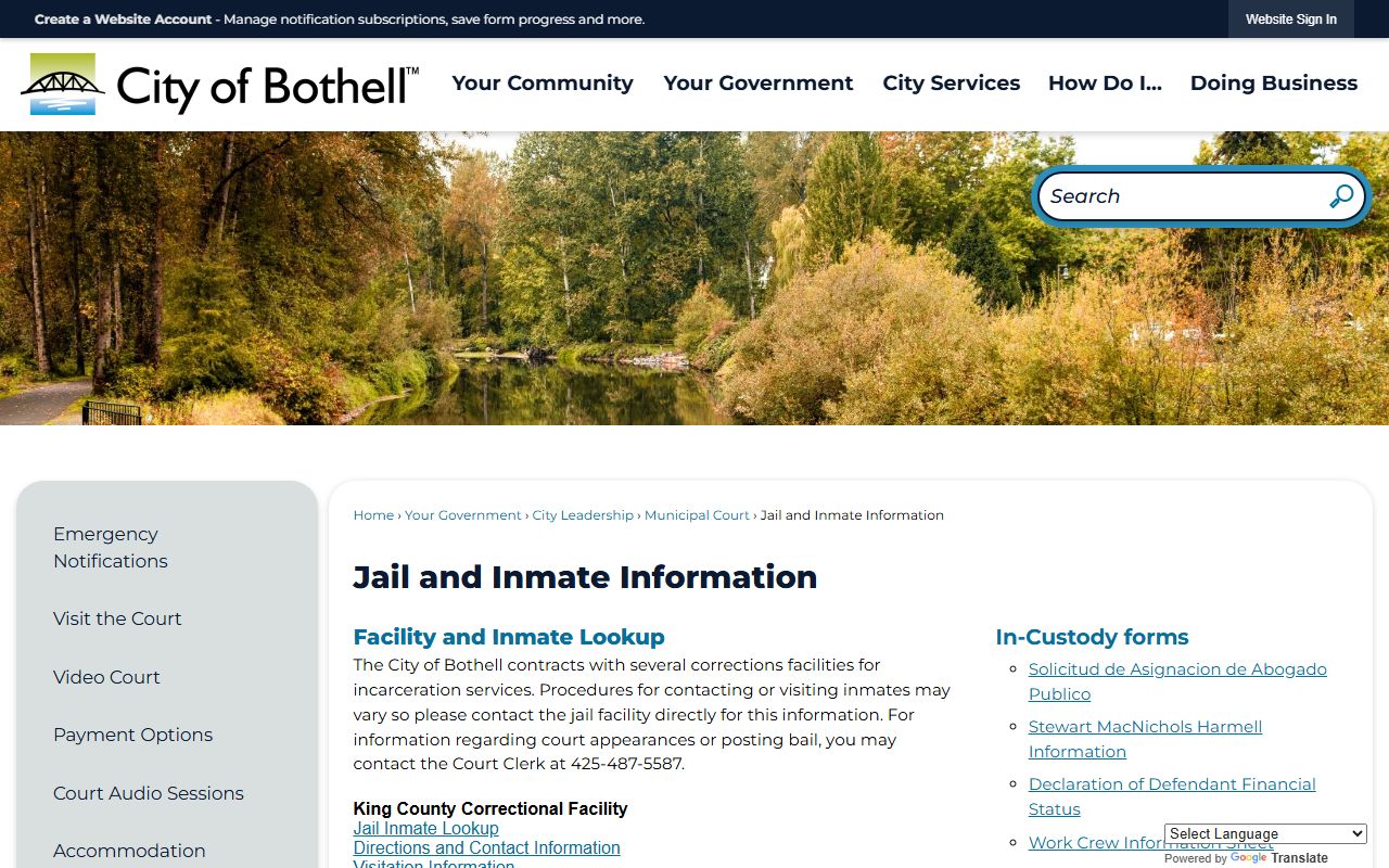 Bothell jail and inmate information page showing multiple facility options for inmate population search