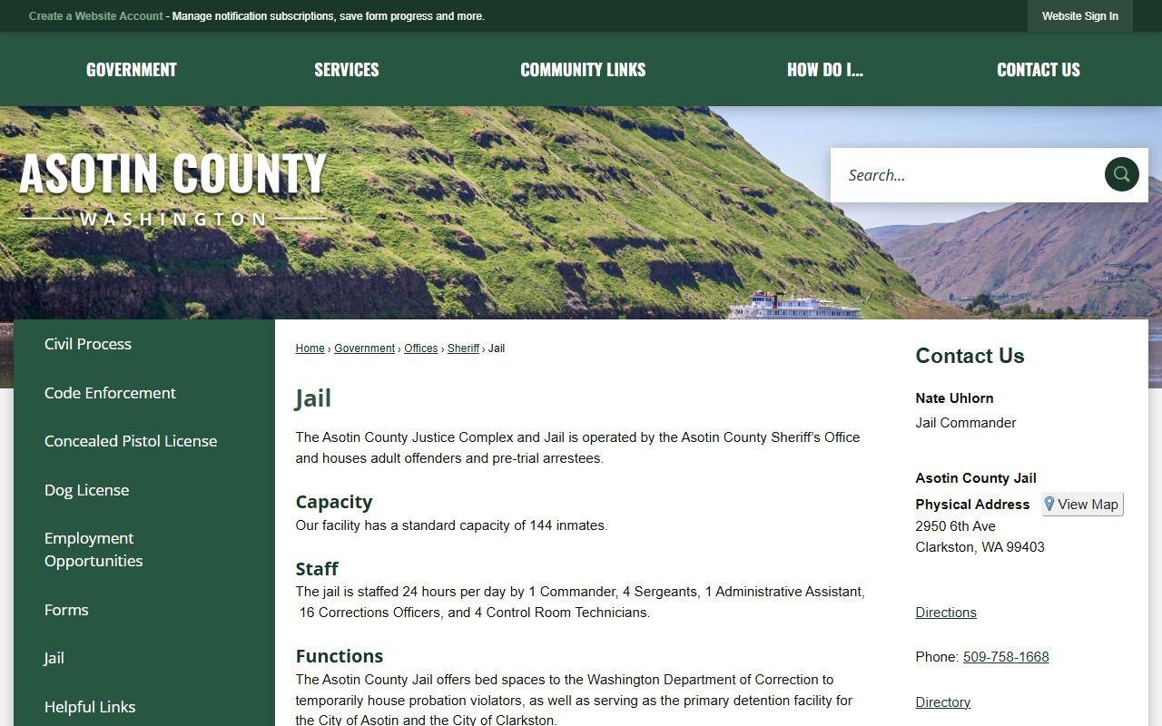 Asotin County Jail information showing custody records and inmate roster