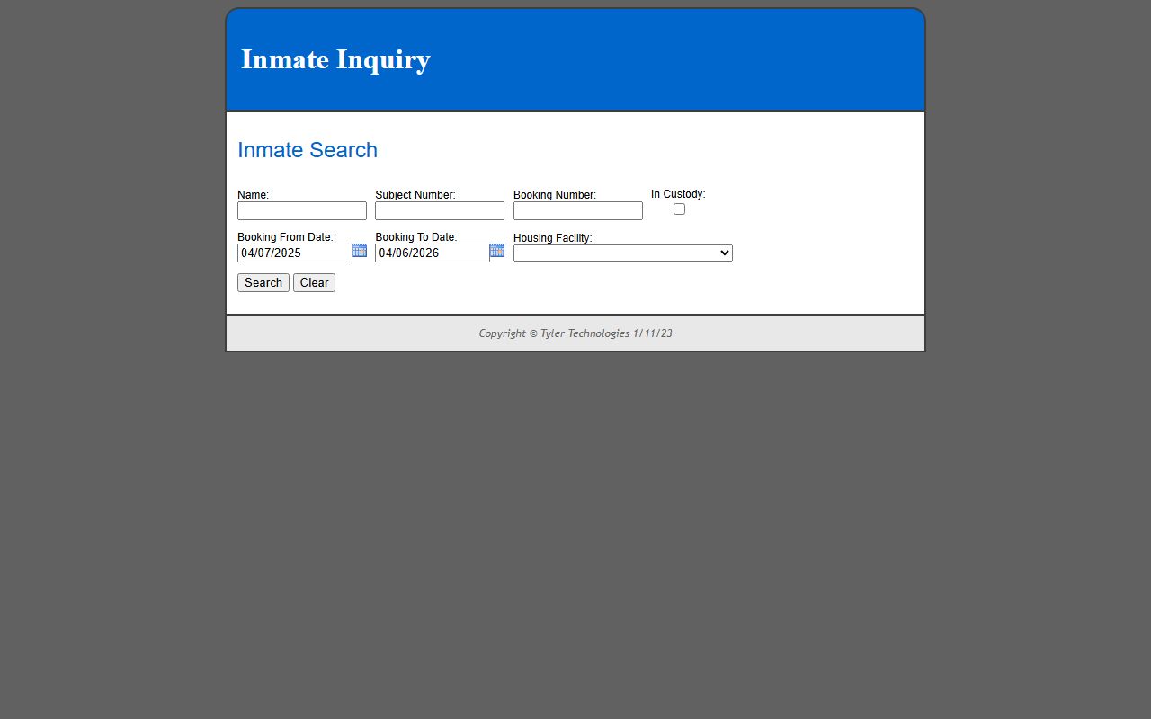 Benton County inmate search portal showing search fields for name and booking number
