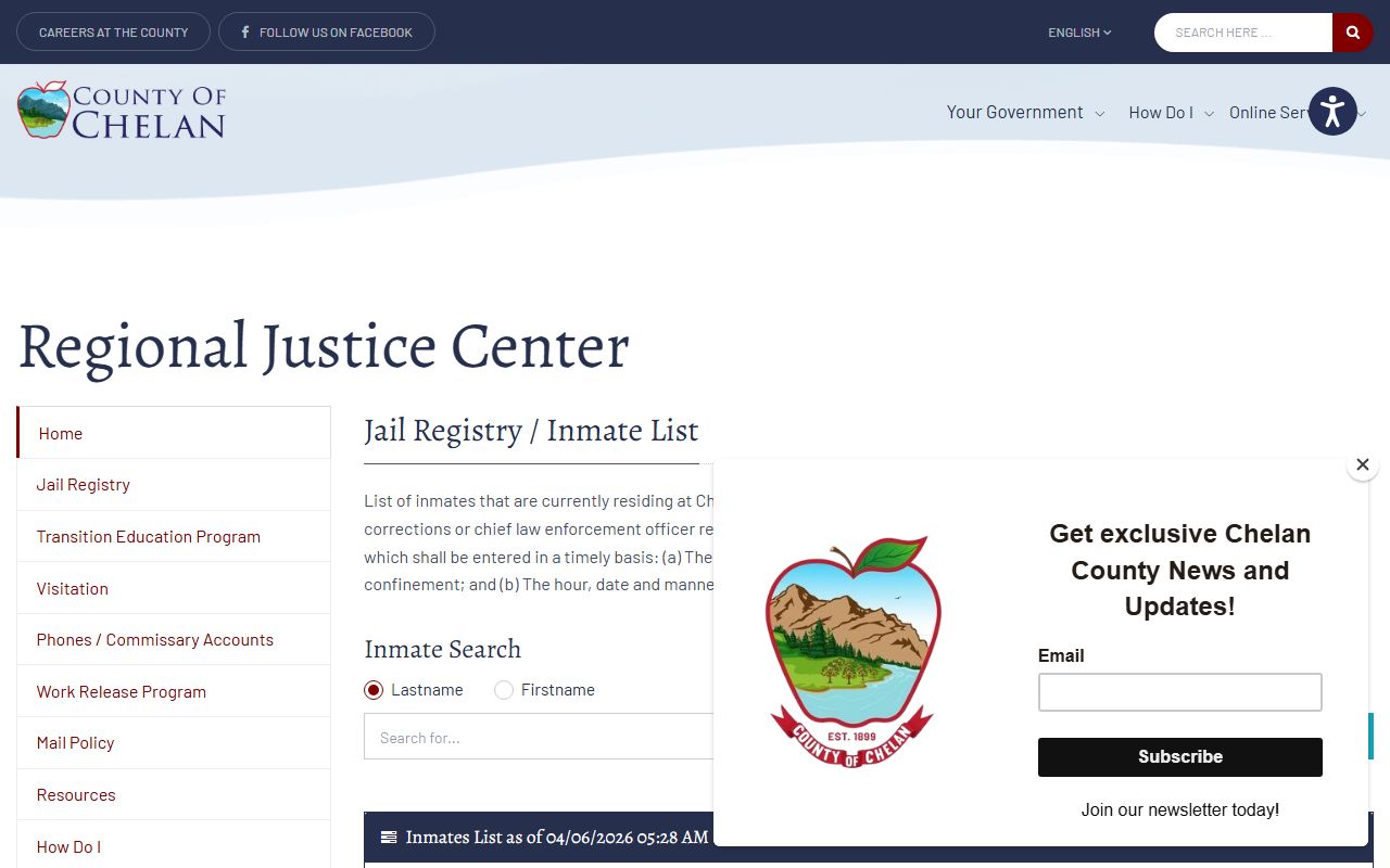 Chelan County inmate list showing current jail population with booking details