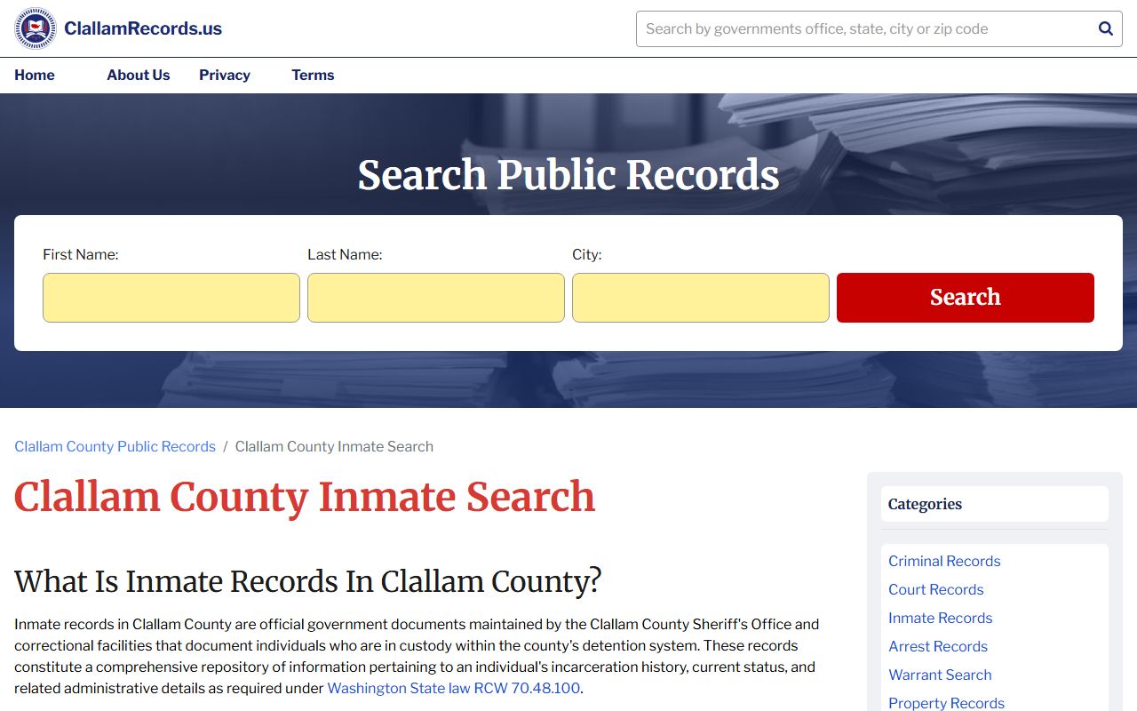 Clallam County inmate search portal showing current jail population records