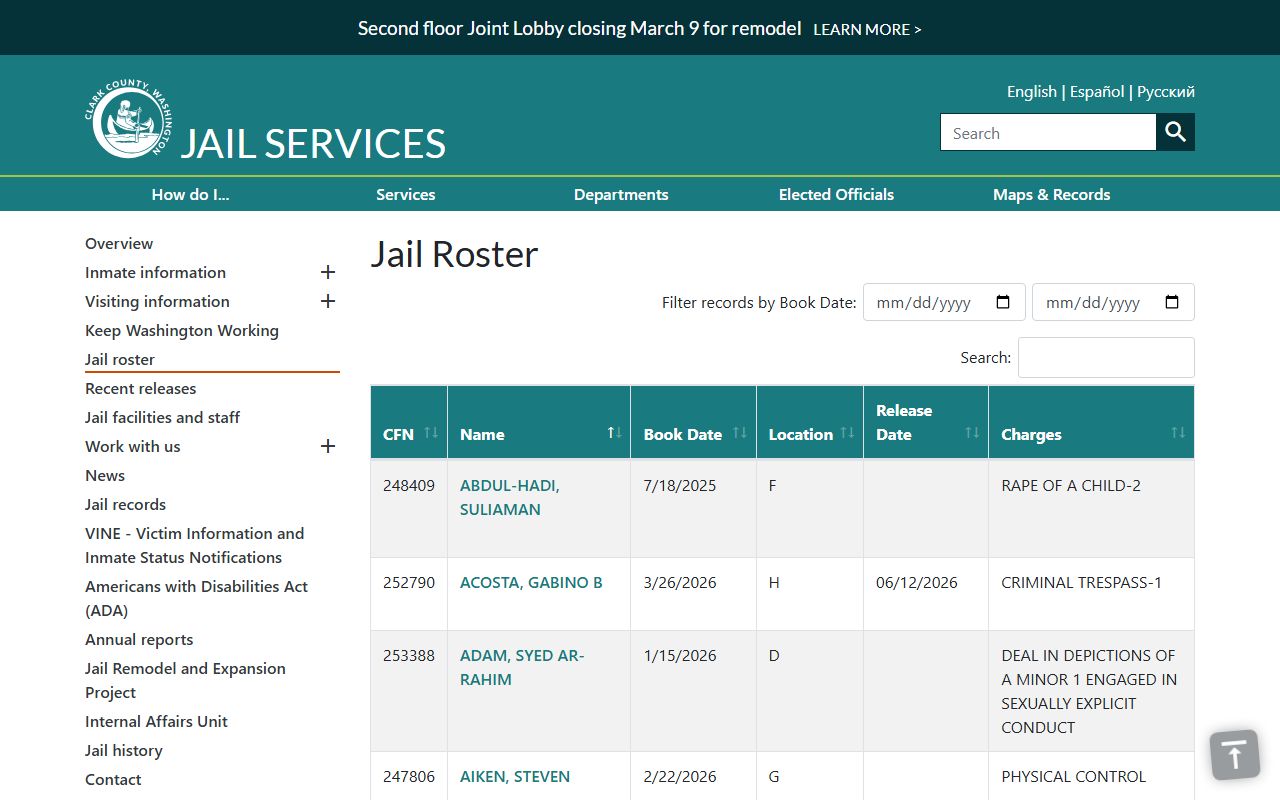 Clark County jail services roster including electronic home monitoring inmates
