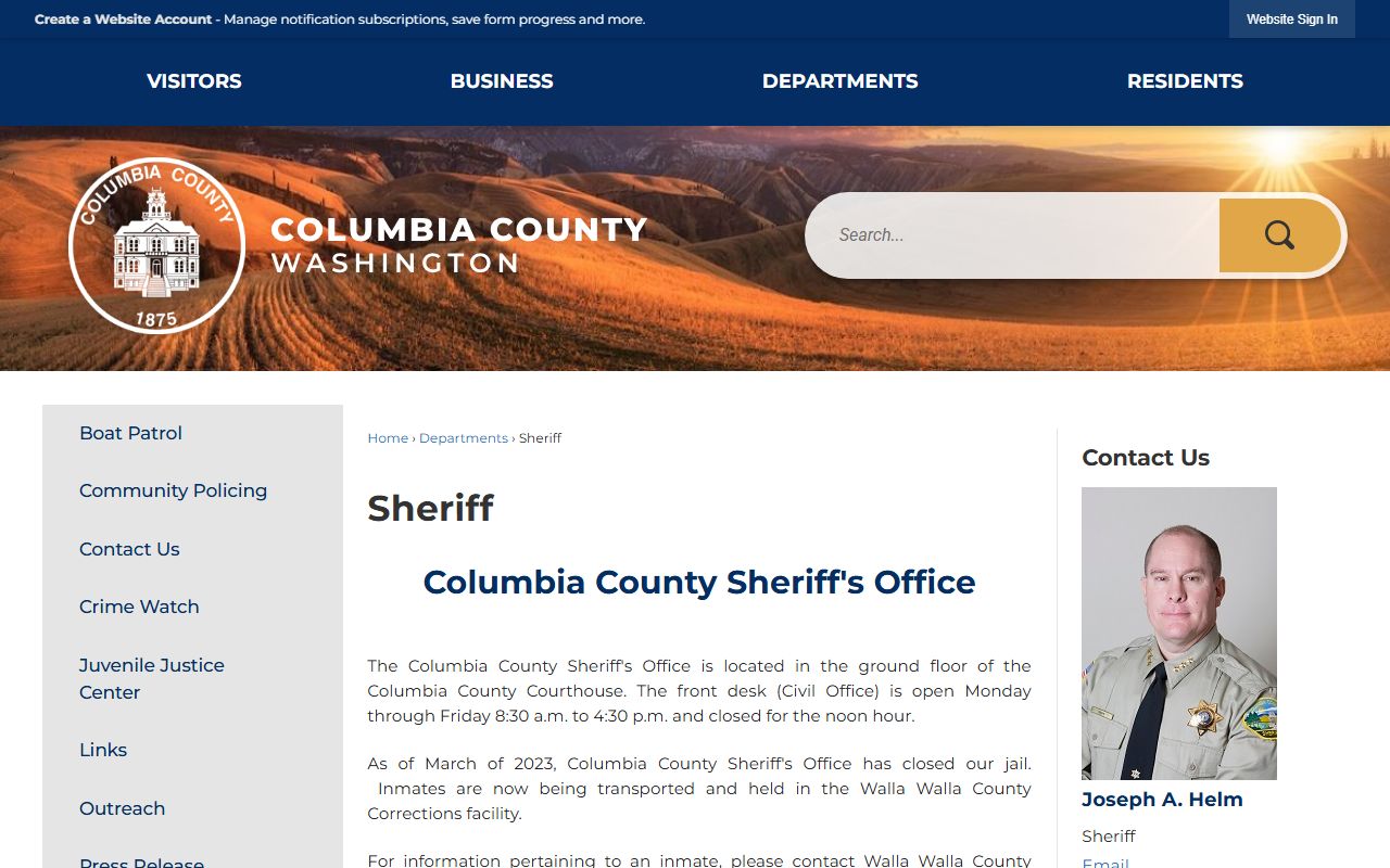 Columbia County Sheriff's Office page showing contact information and services