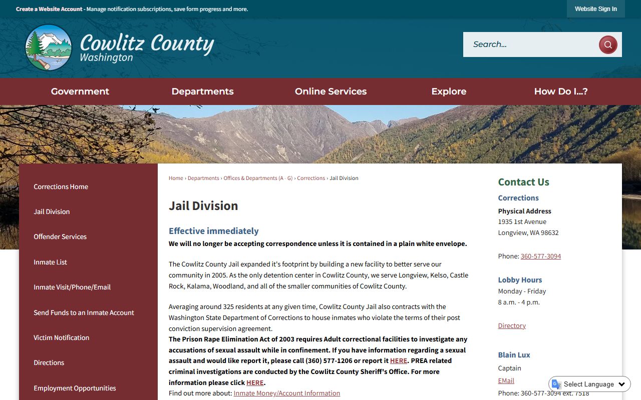 Cowlitz County Jail Division page with information about Longview area inmate population