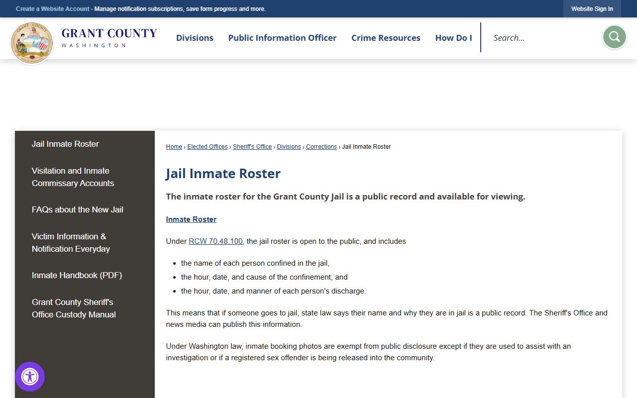 Grant County Jail inmate roster showing current custody list