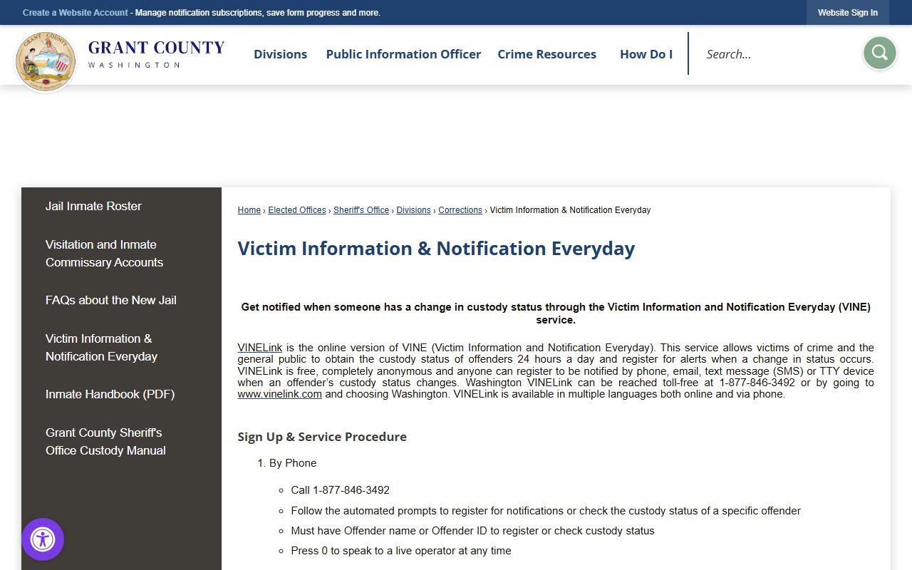 Grant County VINE victim notification information page
