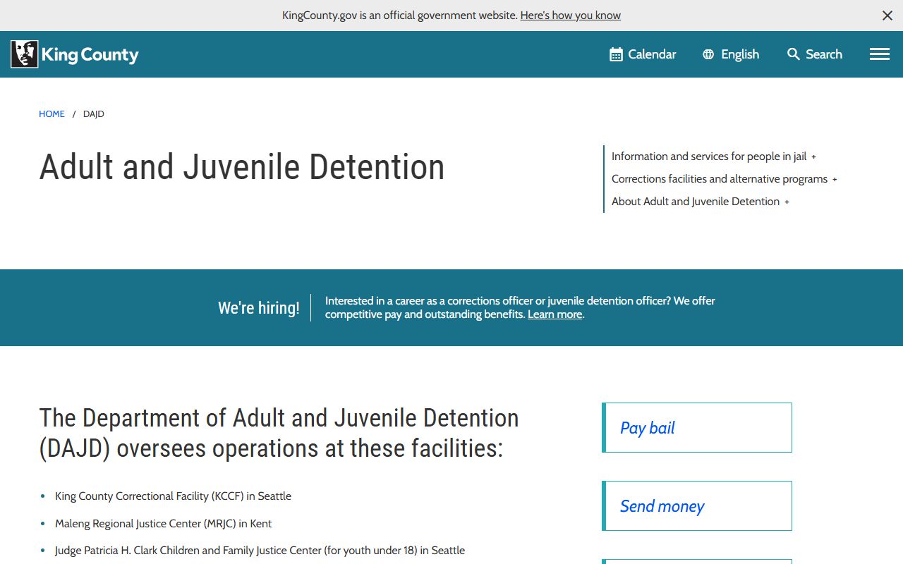 King County DAJD website showing jail population and custody information