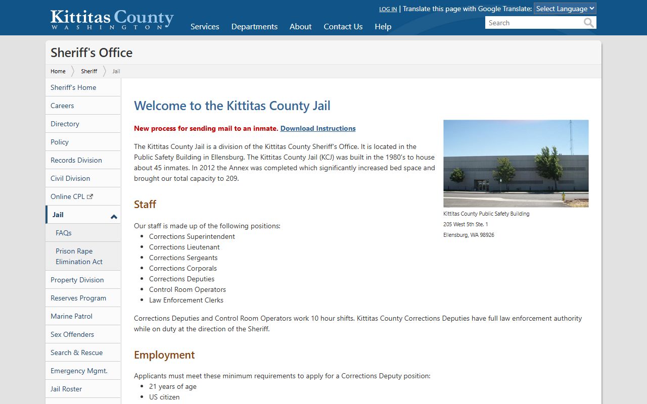 Kittitas County Jail information page showing capacity and facilities