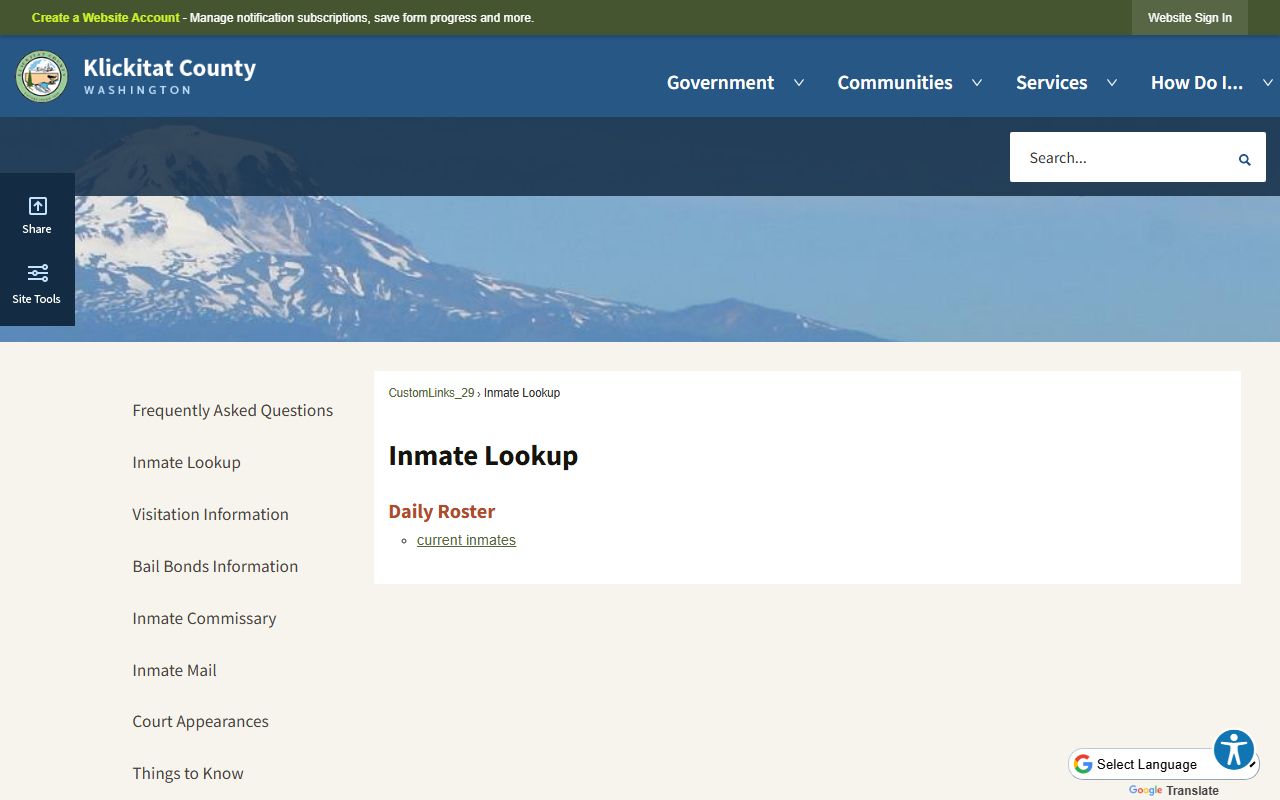 Klickitat County inmate lookup page for jail population search