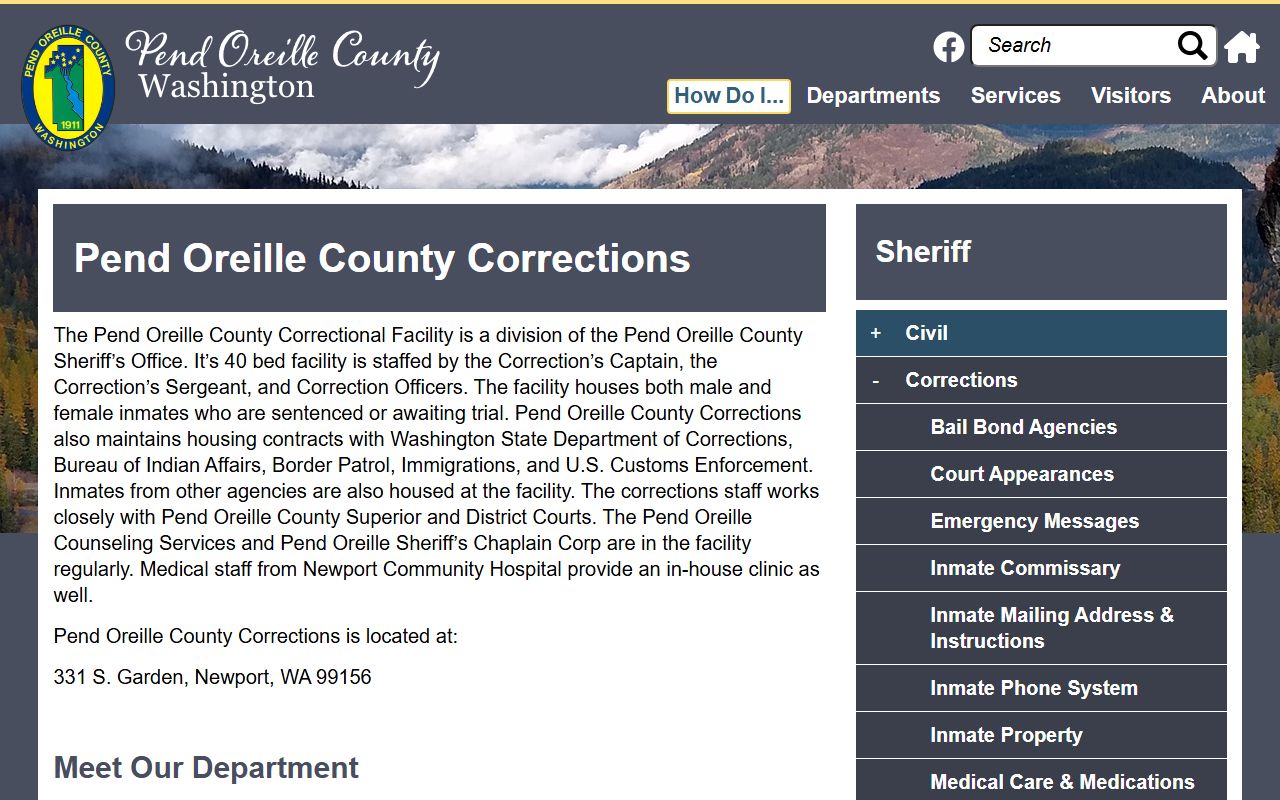 Pend Oreille County corrections facility page showing inmate population details