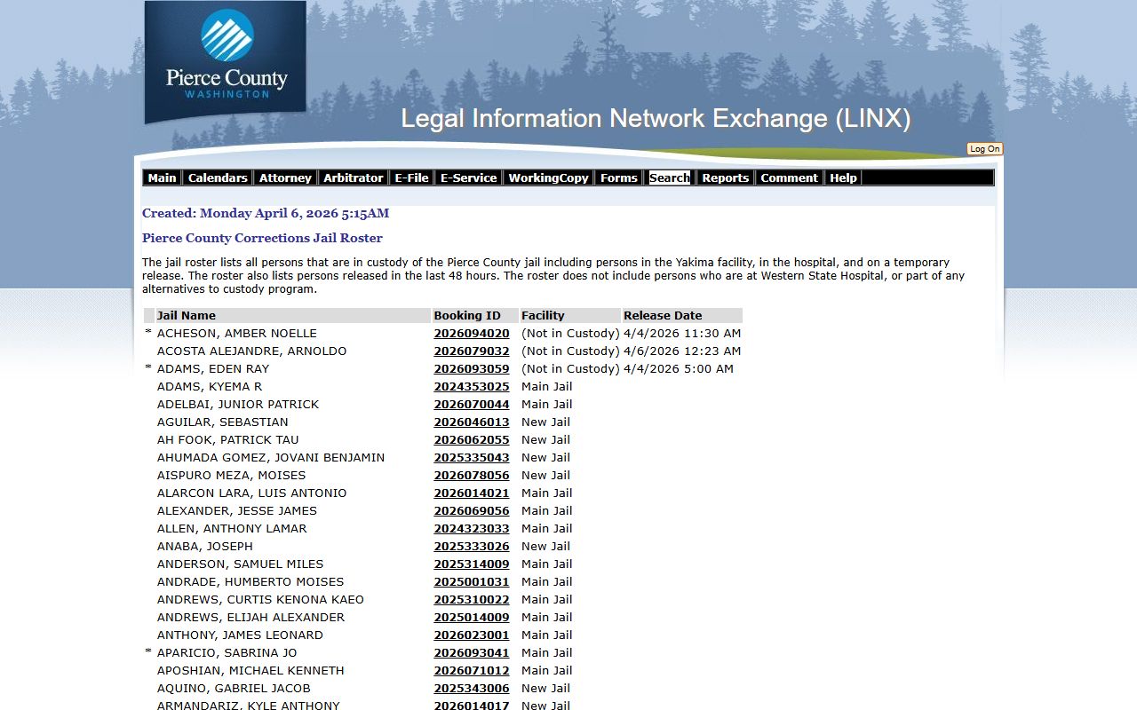 Pierce County LINX jail roster system showing current inmate population