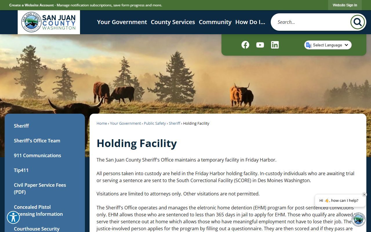 San Juan County holding facility page explaining inmate housing at SCORE