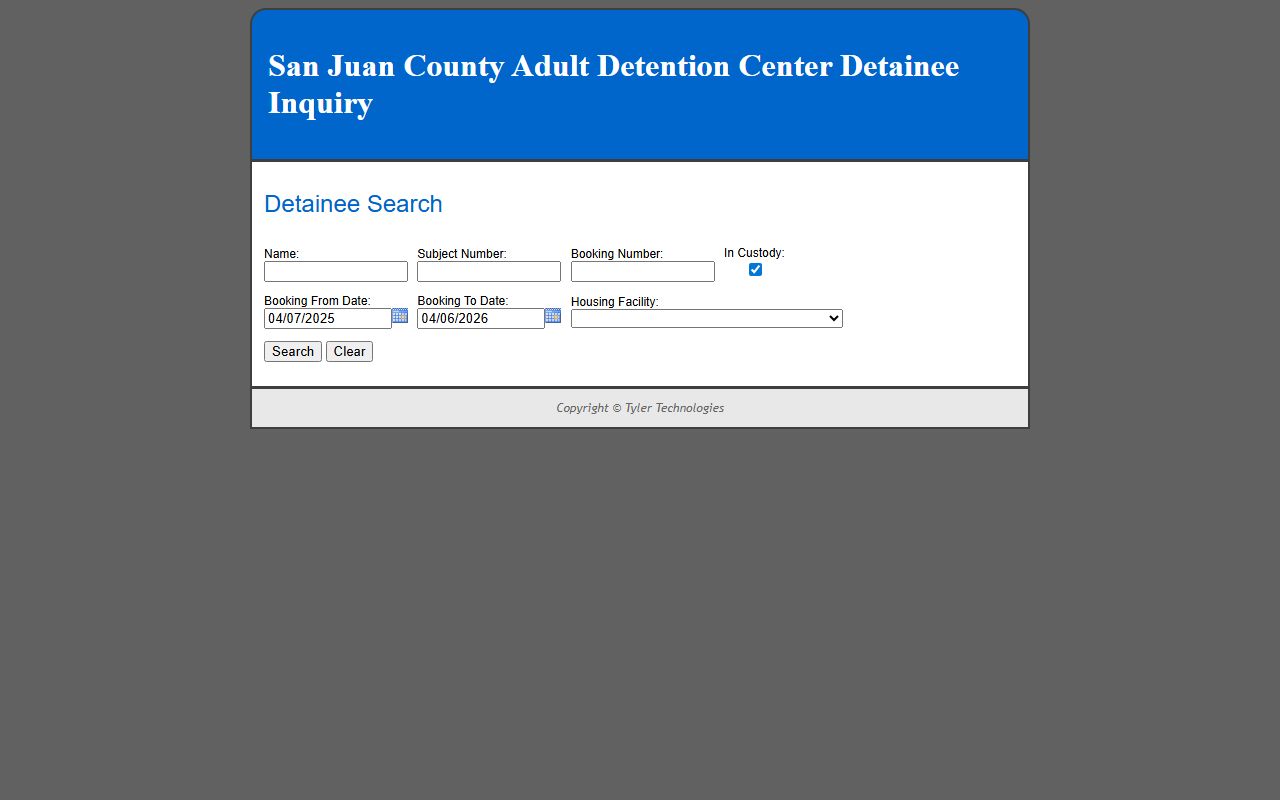San Juan County adult detention center inmate inquiry system