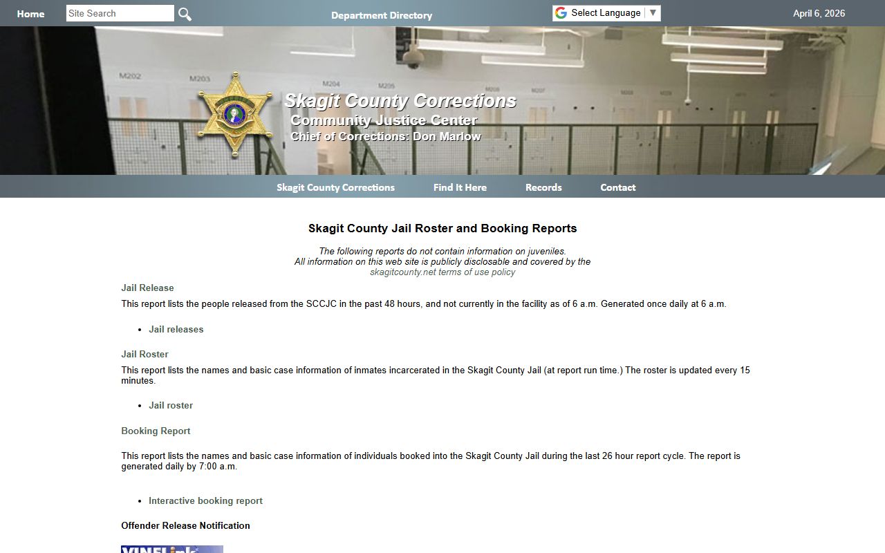 Skagit County Corrections Community Justice Center inmate roster main page