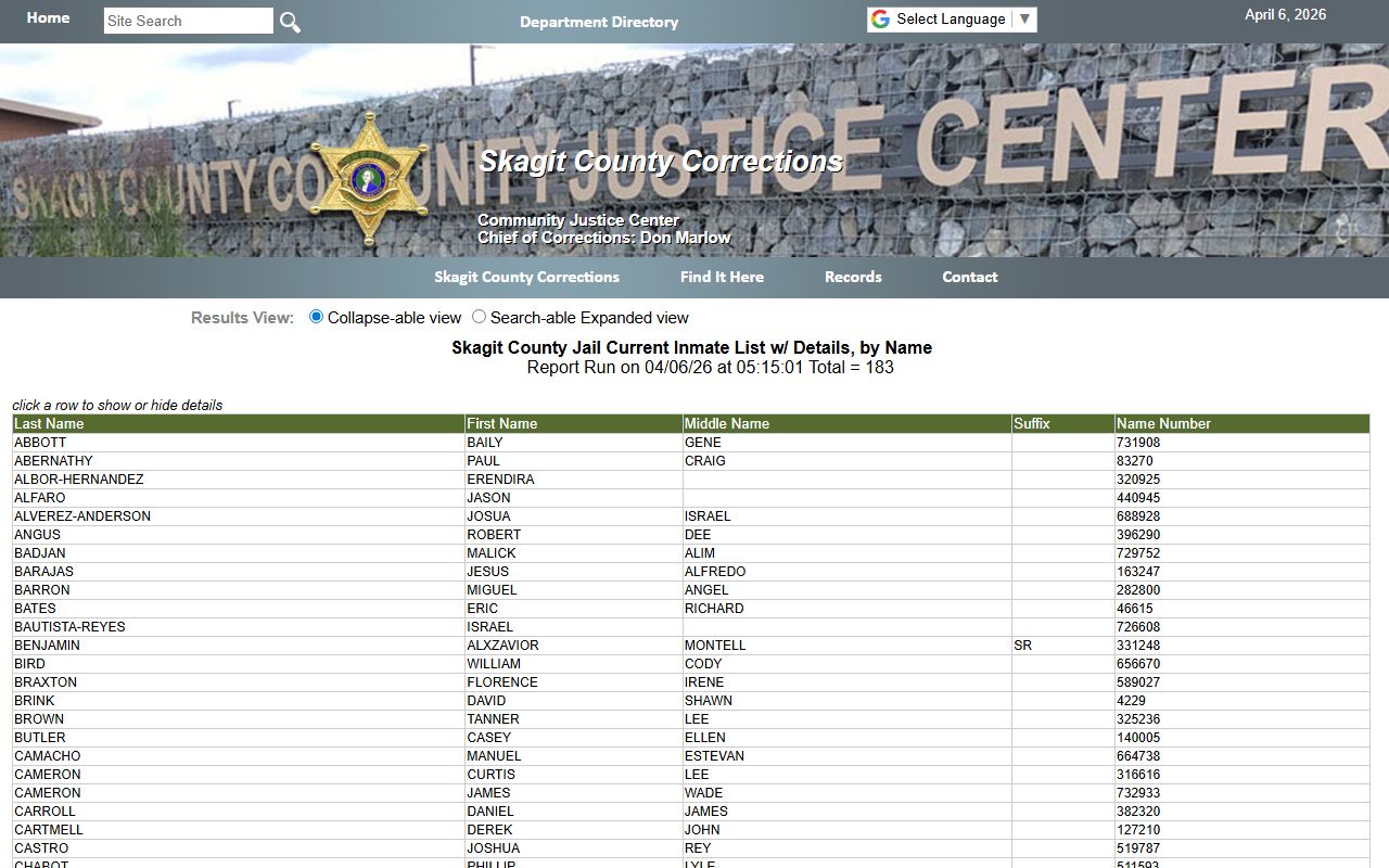 Skagit County jail roster showing current inmate population updated every 15 minutes