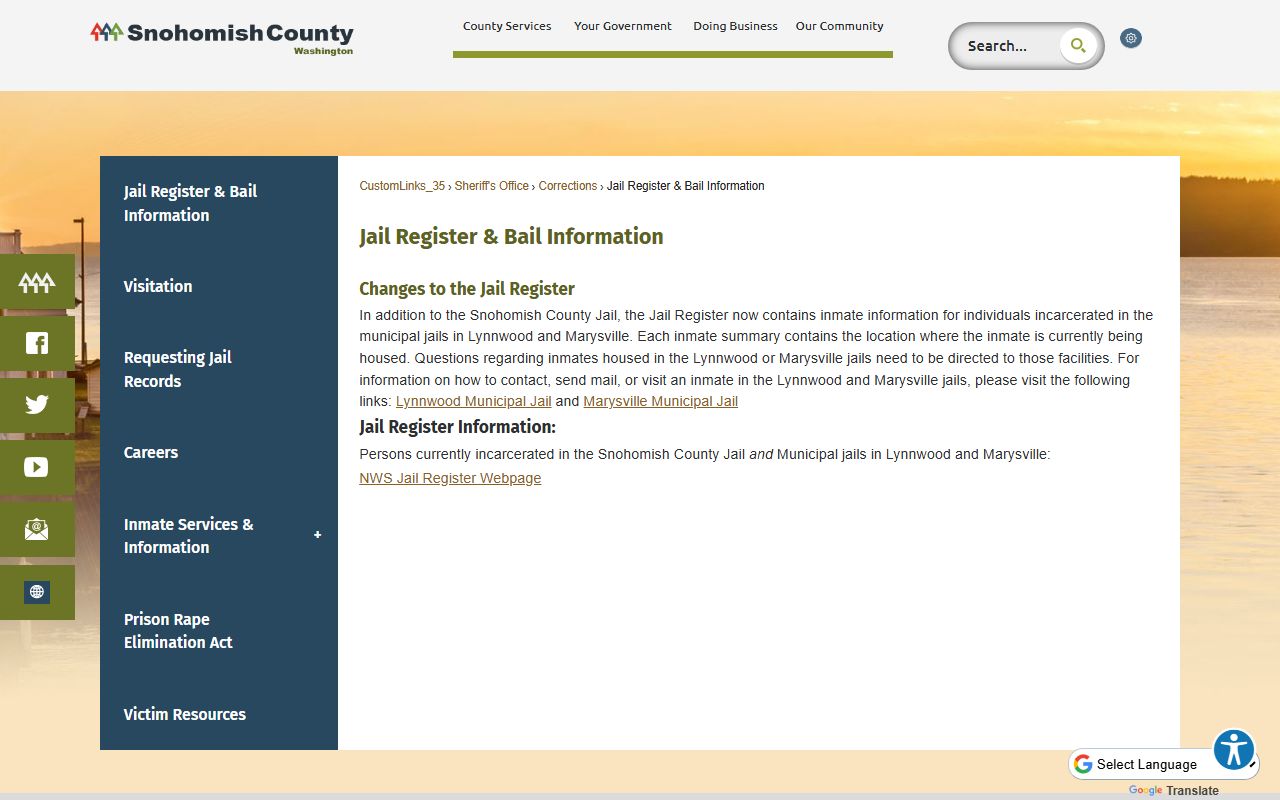 Snohomish County jail register and bail information page