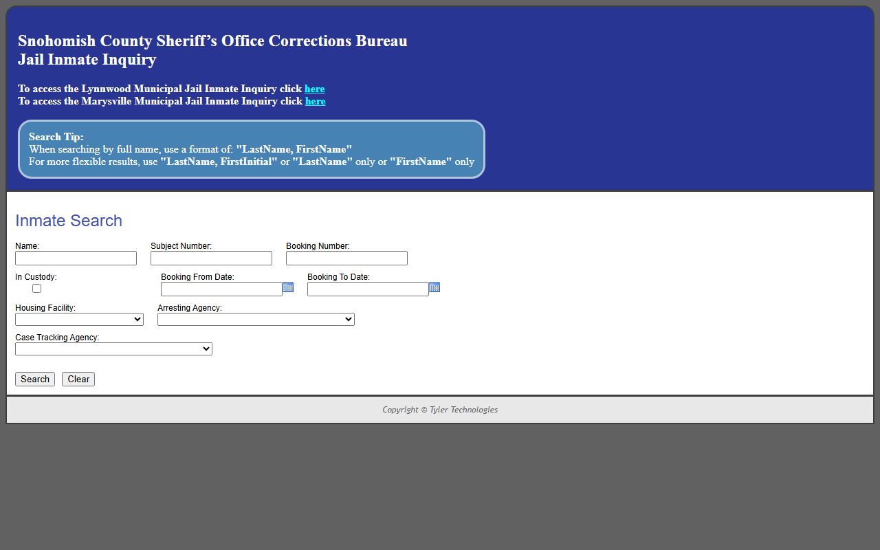 Snohomish County jail register search portal showing inmate population