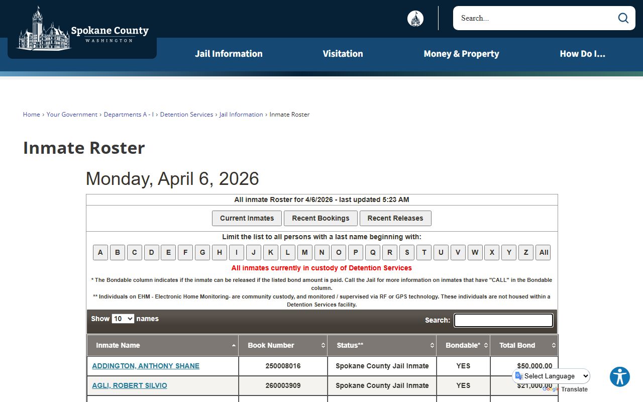 Spokane County inmate roster covering both jail facilities