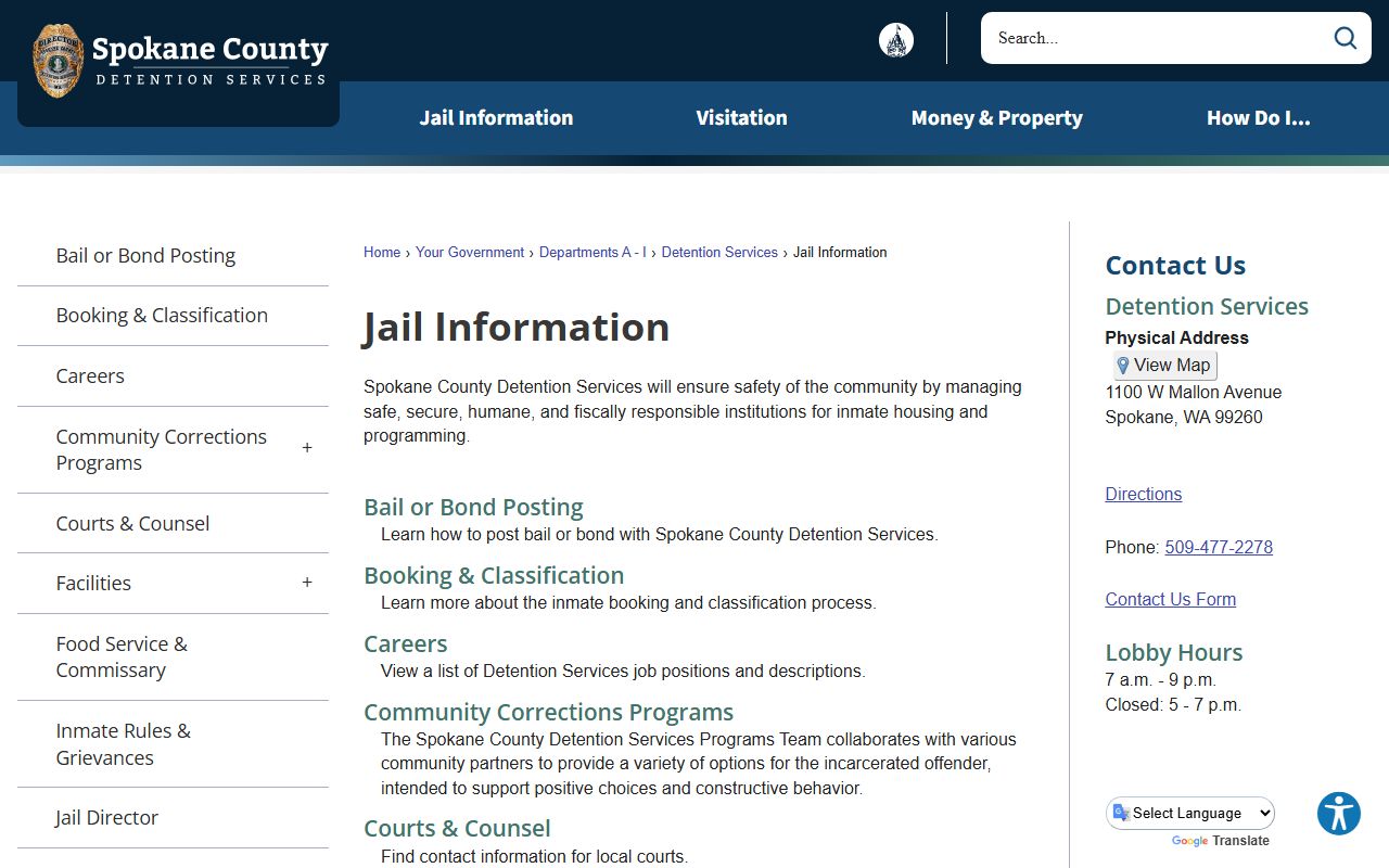 Spokane County jail information page with facility details