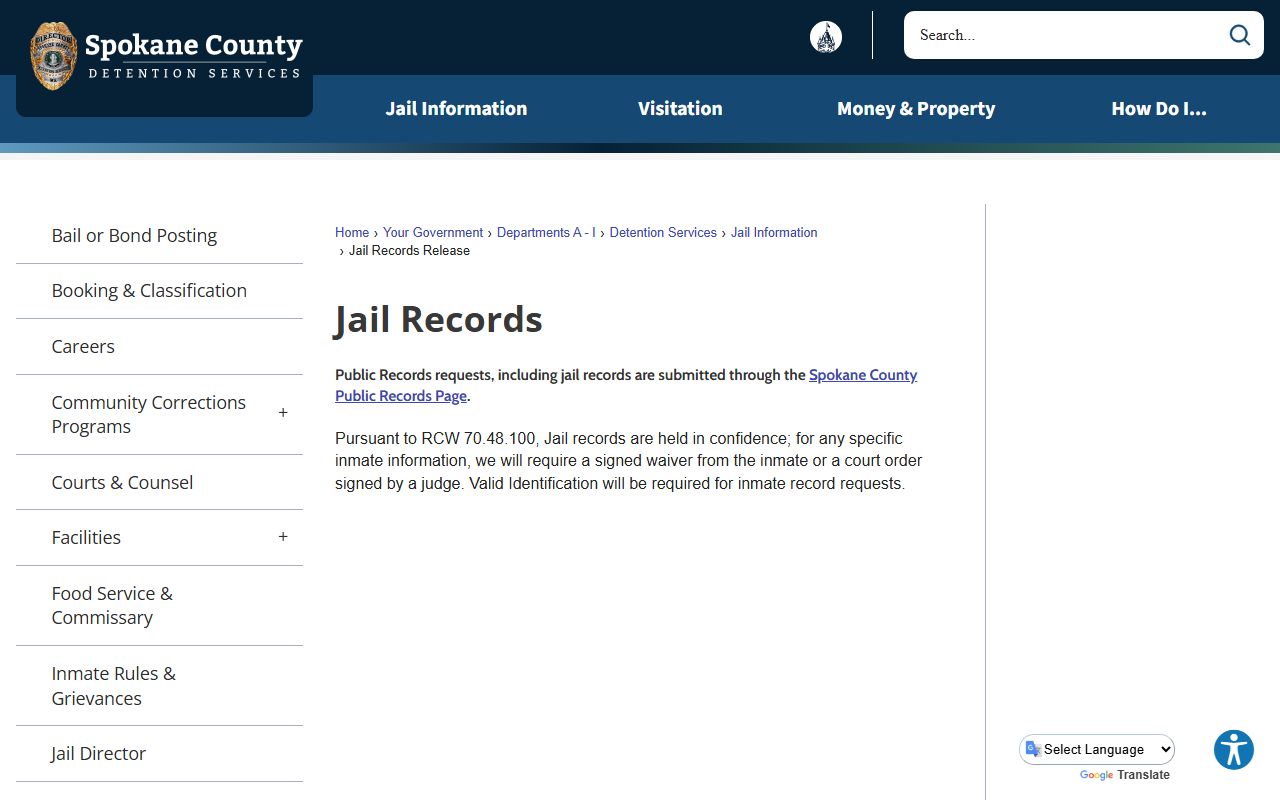Spokane County jail records release page showing public records process