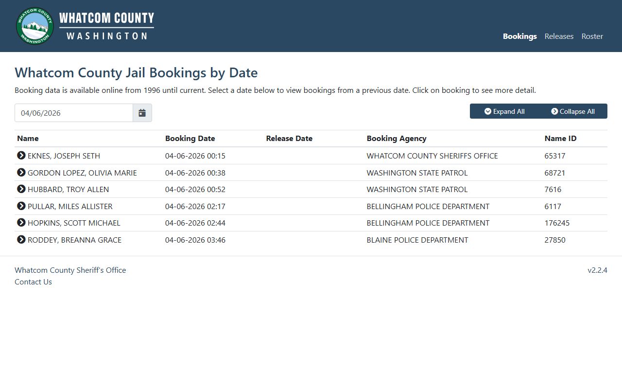 Whatcom County booking history data available from 1996 to current