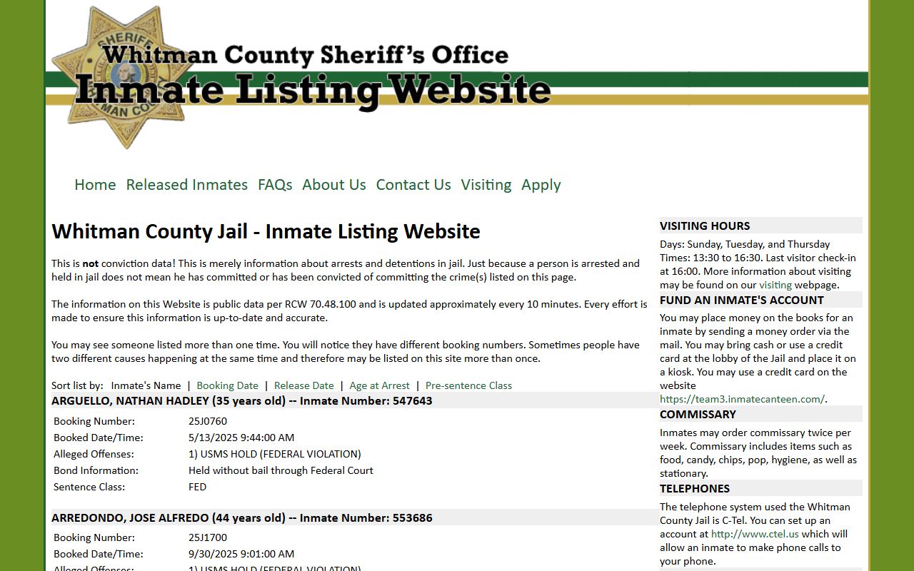 Whitman County jail inmate listing showing current population with charges and bond information