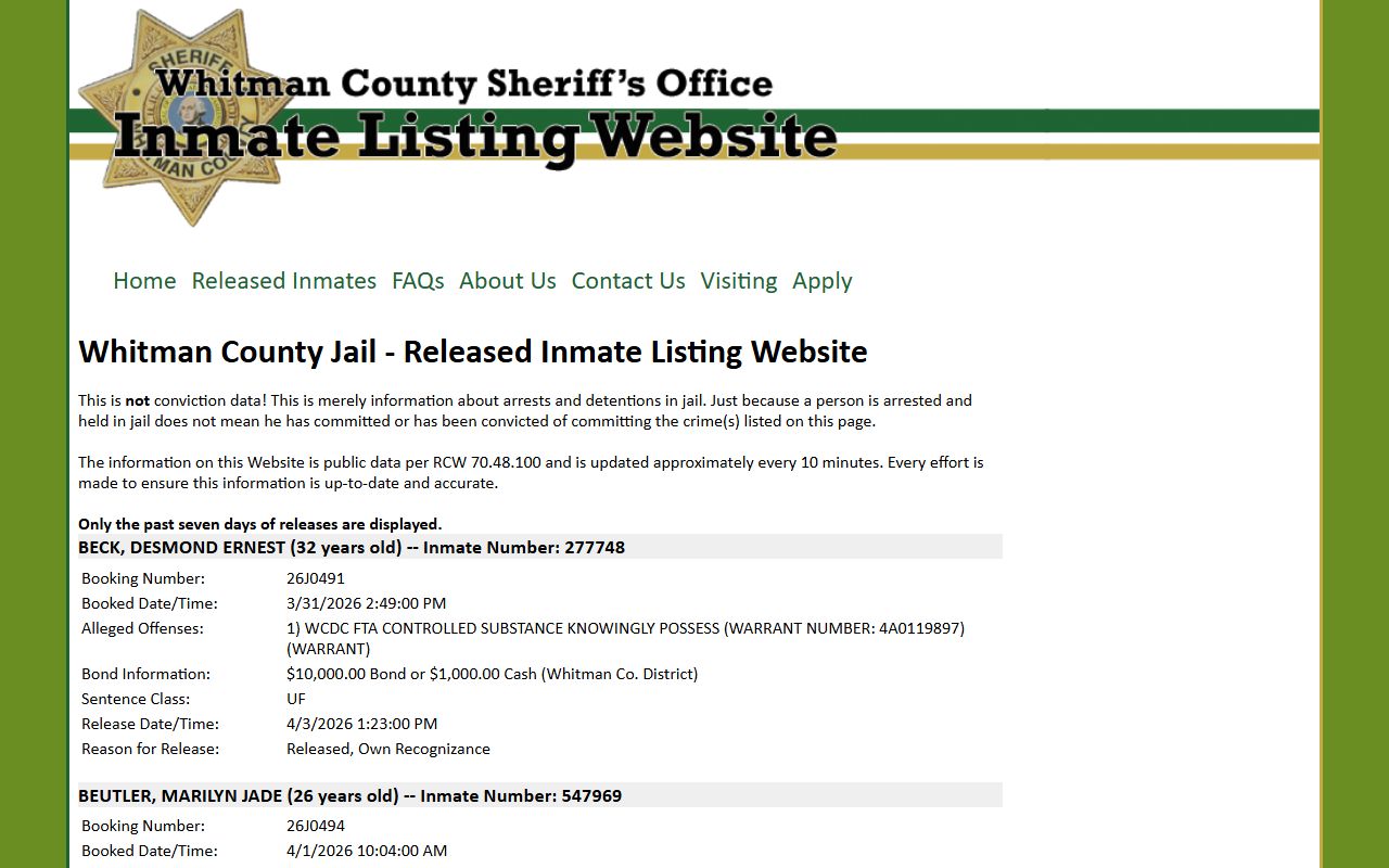 Whitman County jail archive showing recently released inmates