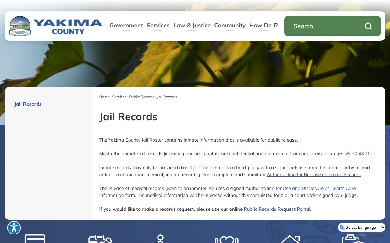 Yakima County jail records page showing how to request inmate records