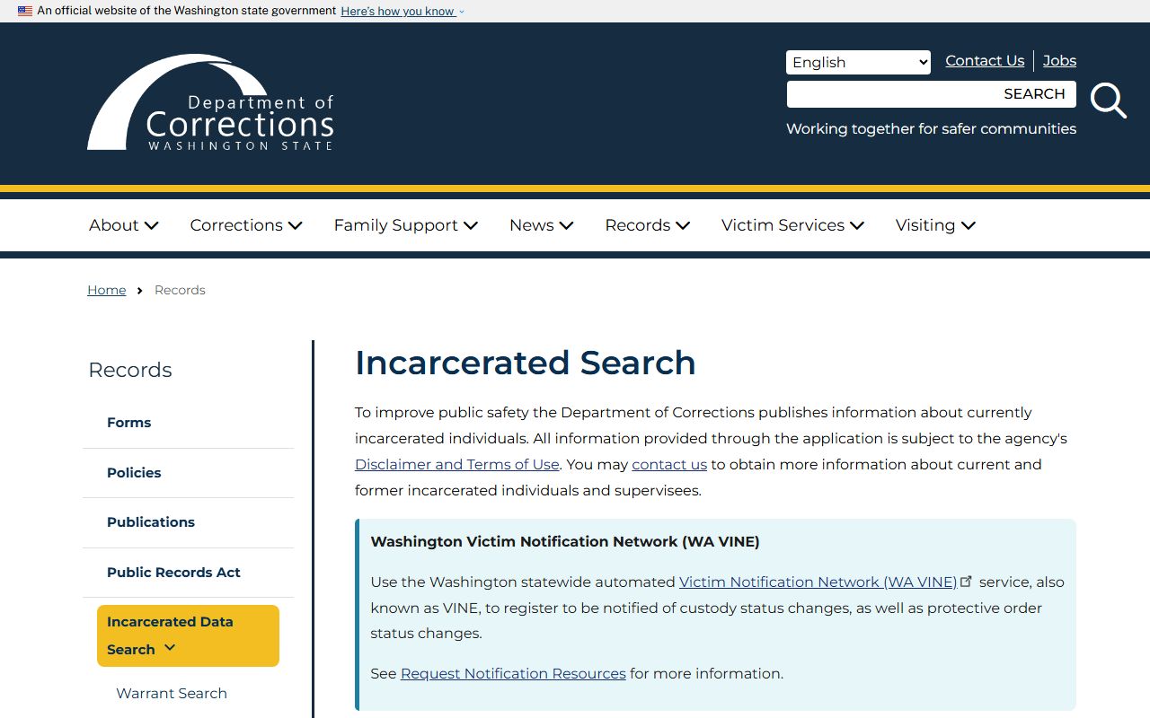 Washington DOC inmate population search interface showing name and DOC number fields