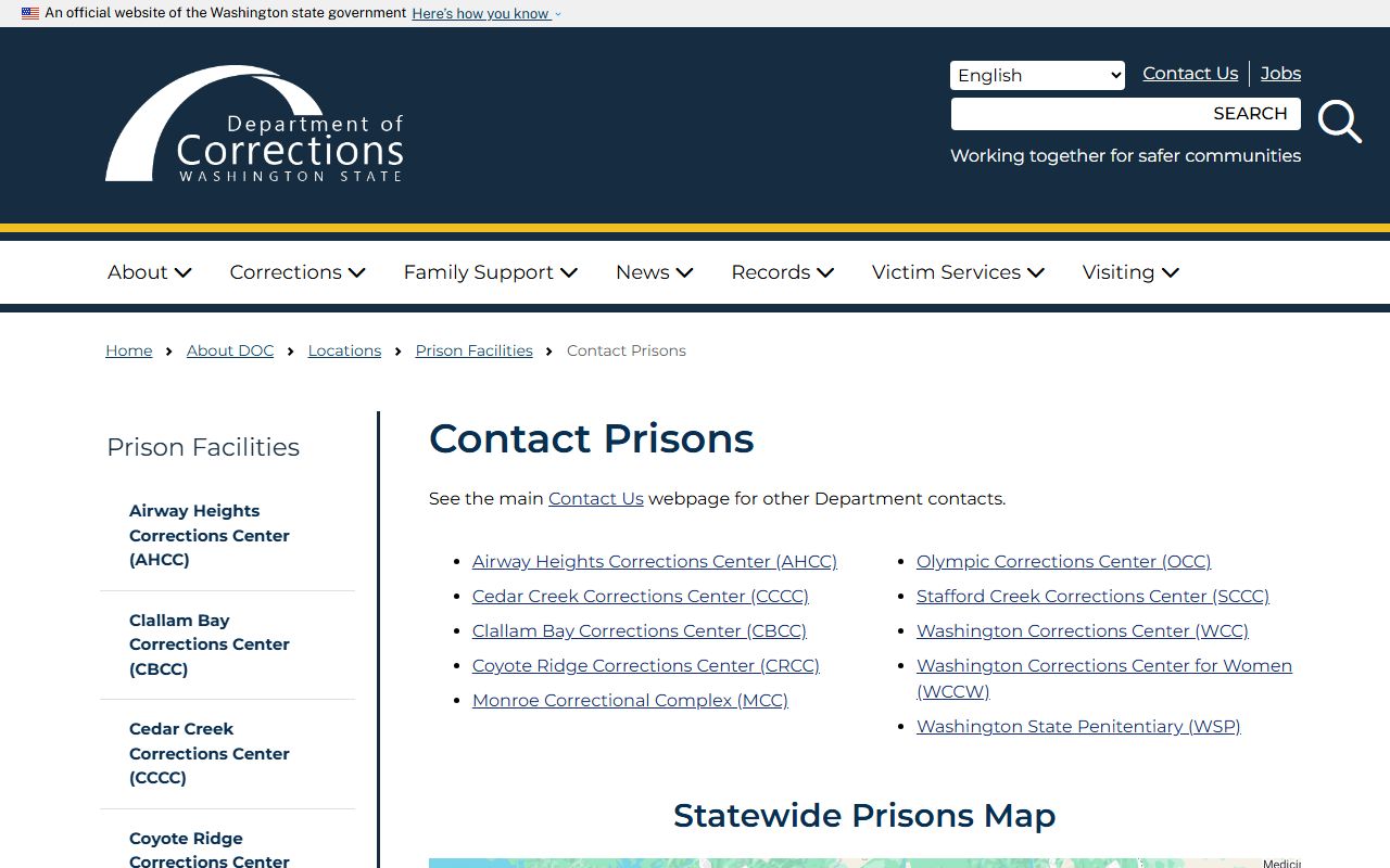 Washington DOC prison contact directory listing all 10 state facilities with addresses and phone numbers
