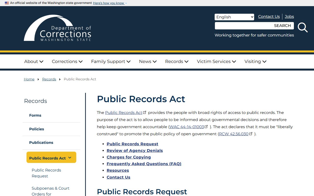 Washington DOC public records fee schedule for inmate records requests