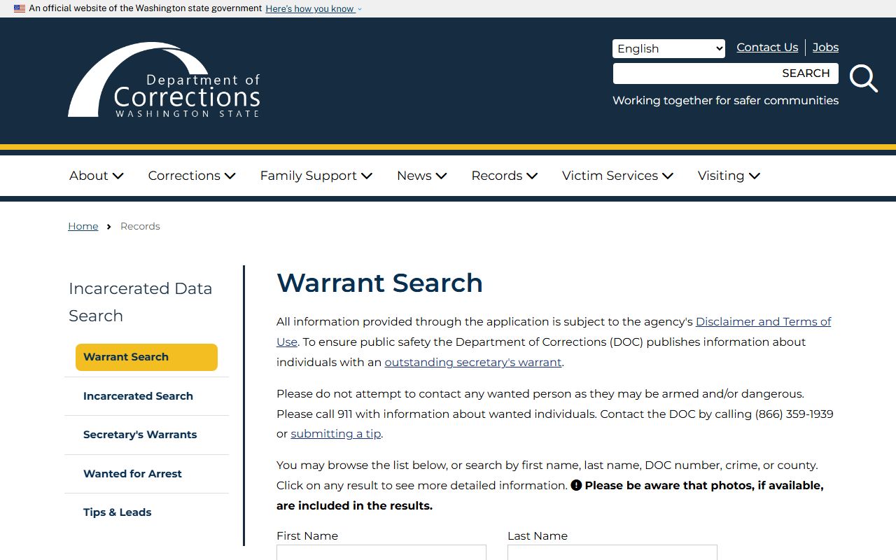 Washington DOC warrant search showing active supervision warrants and fugitive information