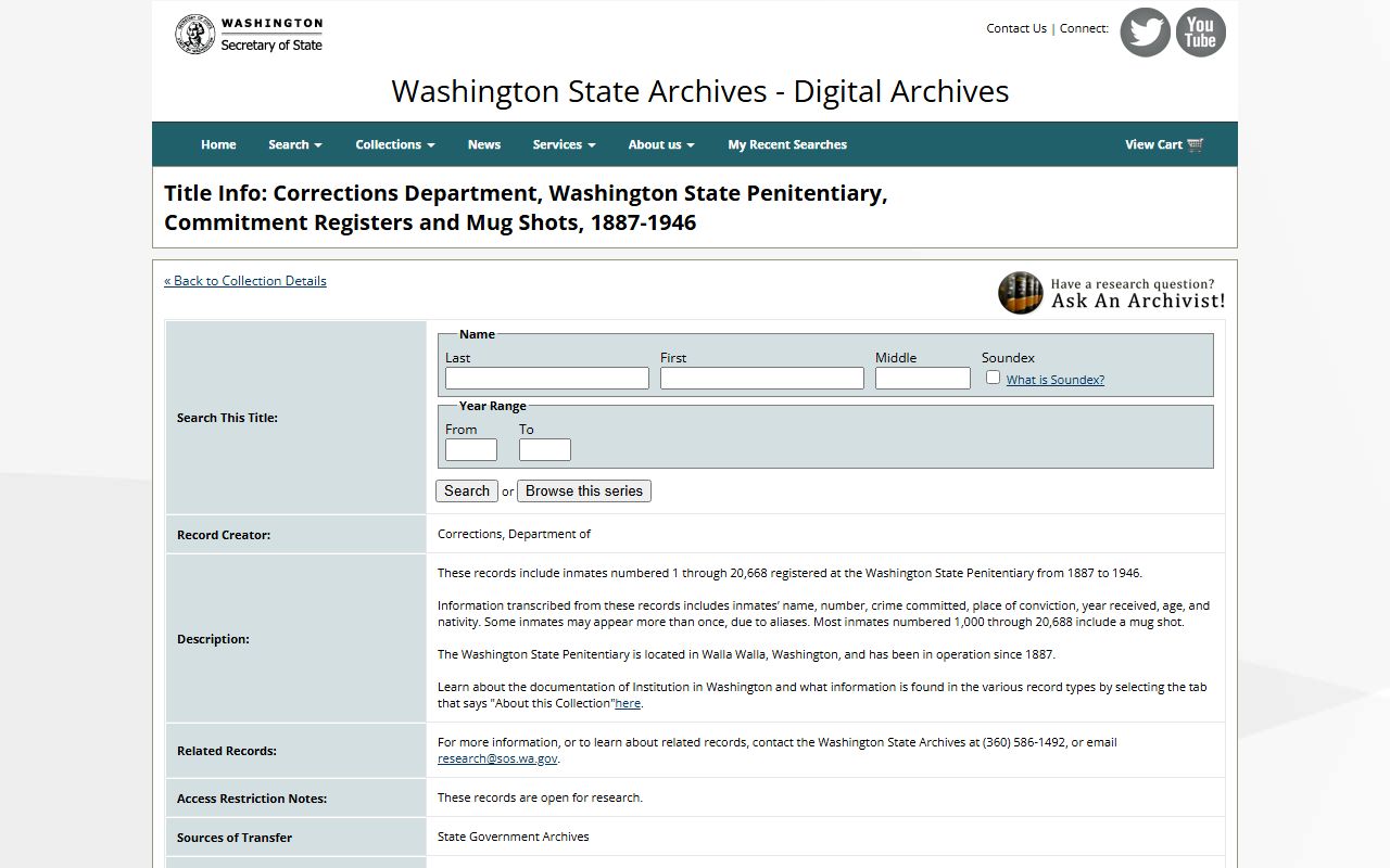 Historical Washington State Penitentiary inmate mug shots collection from 1887 to 1946