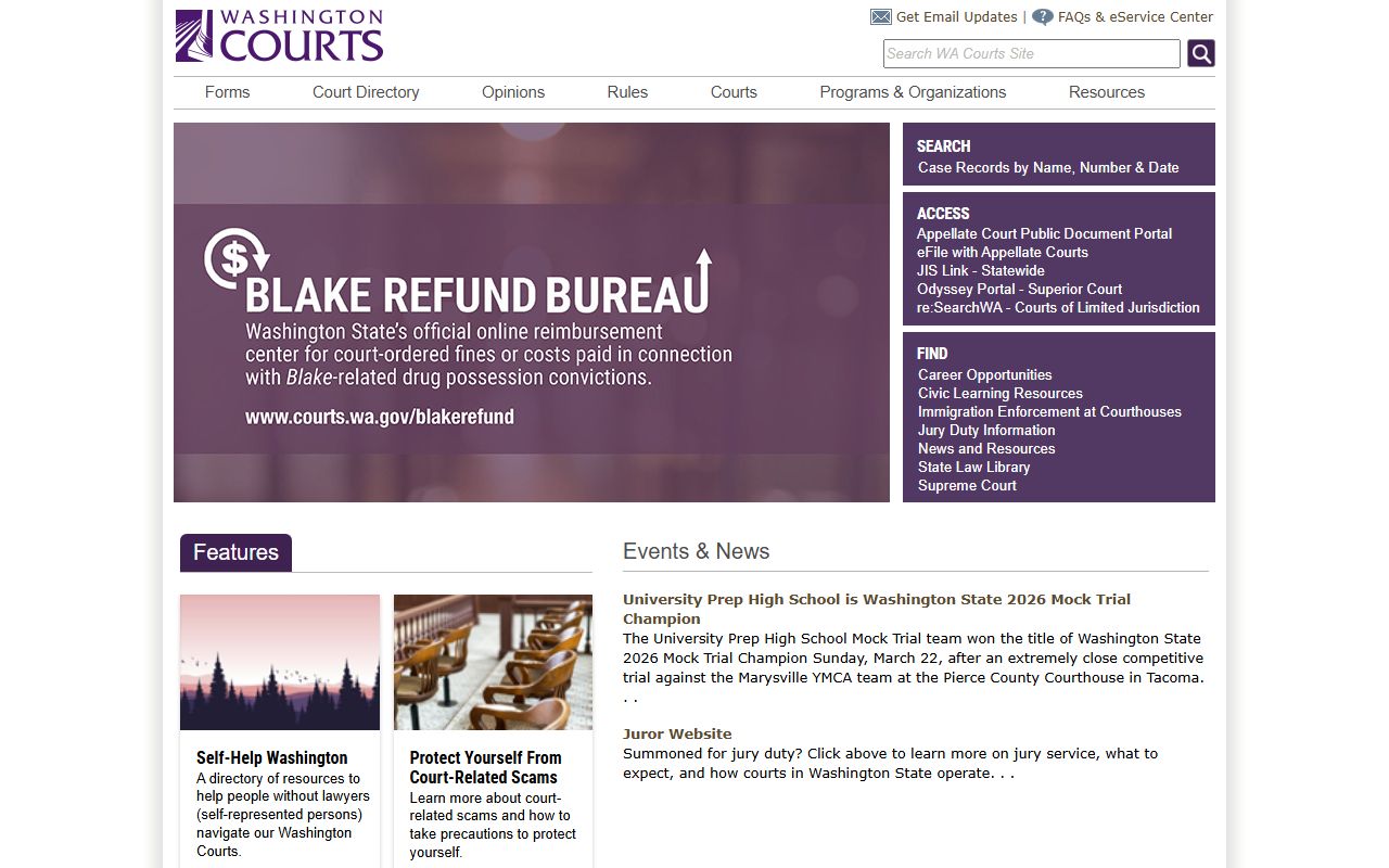 Washington Courts homepage providing access to criminal case records linked to inmate population